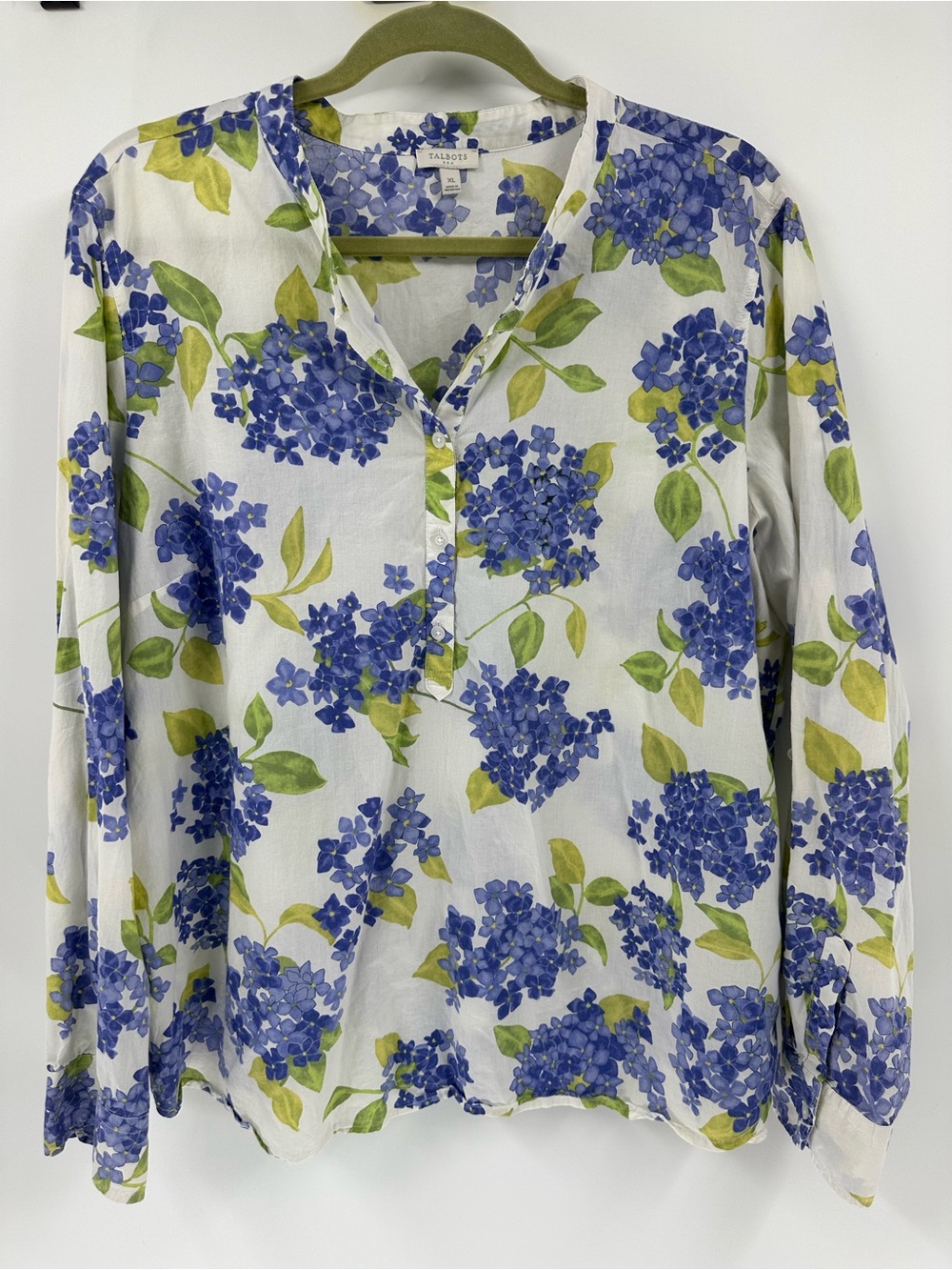 Talbots White Long-Sleeve Hydrangea Print Top - Floral purple-green Cotton